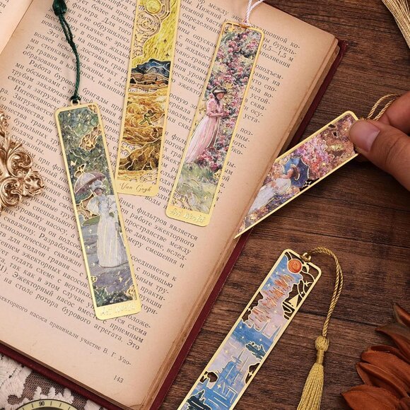 12 Pieces Metal Bookmarks with Tassel, Golden Hollow Bookmark Oil Painting Theme - Picture 5 of 8